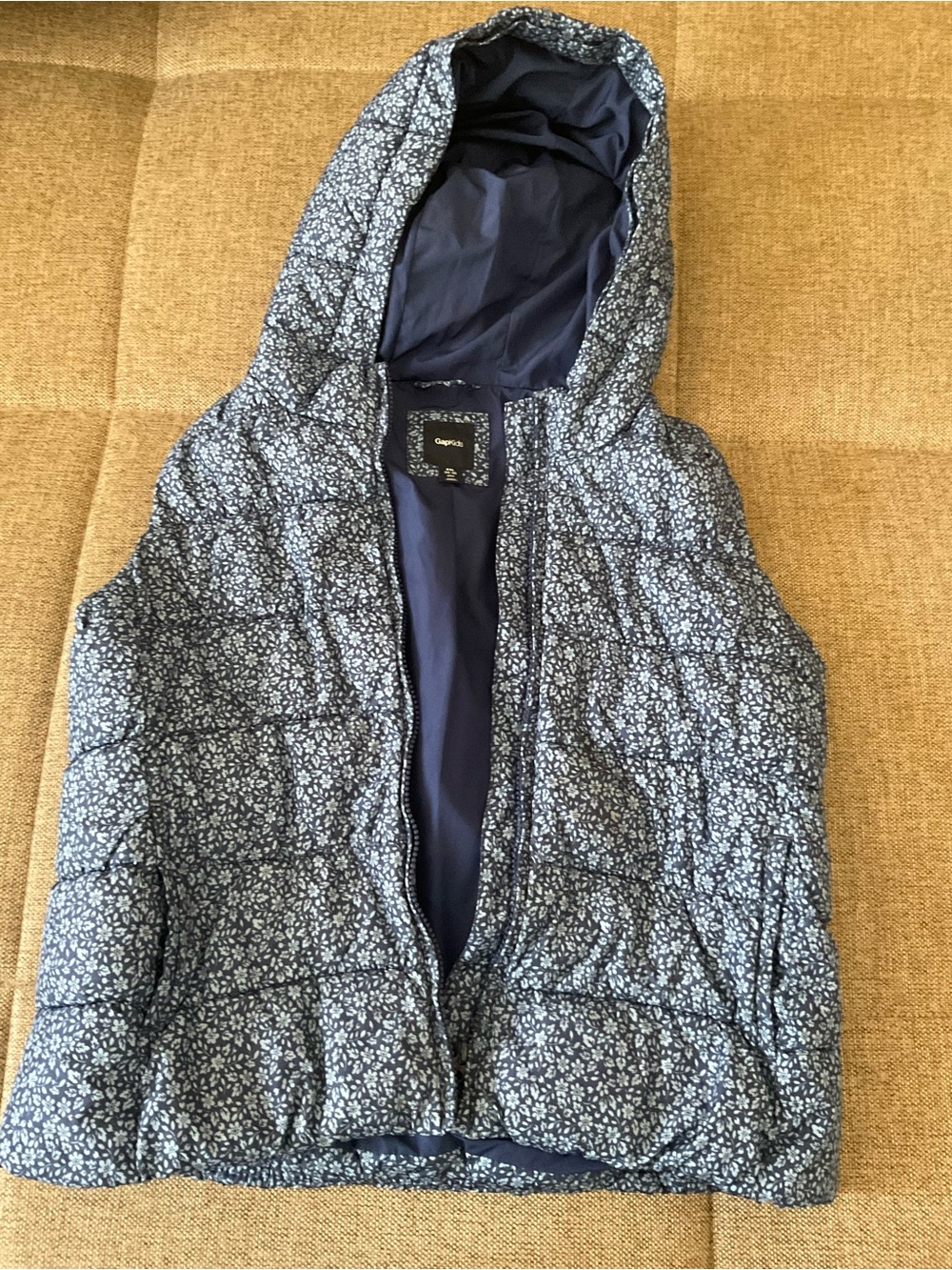 GAP Navy Floral Quilted Hooded Vest
